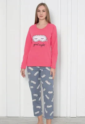 Pijama damă cu mânecă lungă și pantaloni lungi, imprimeu ,,Good Night, Engros