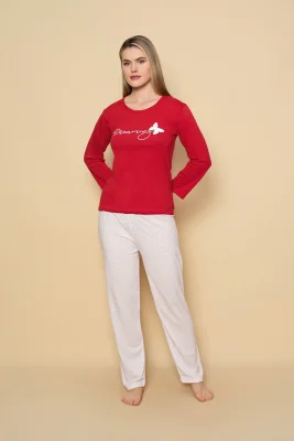 Pijama dama Serena-maneca lunga si pantalon lung, culoare rosu ,Engros