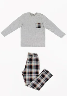 Pijama bărbați Freenight cu buzunar aplicat, mânecă lungă și pantaloni lungi, gri,Engros