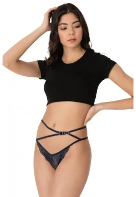 Chiloti Dama Cottonhill, Model Sexy, Tanga cu Barete, Accesorizati,Culoare Bleumarin, Engros