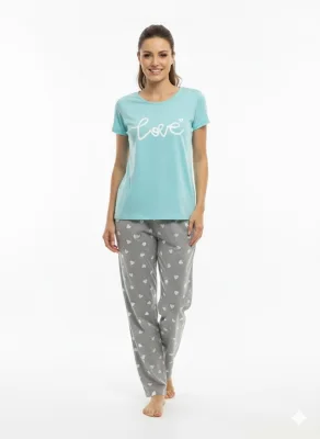 Pijama dama ,cu maneca scurta si pantalon lung ,culoare bleu,Engros