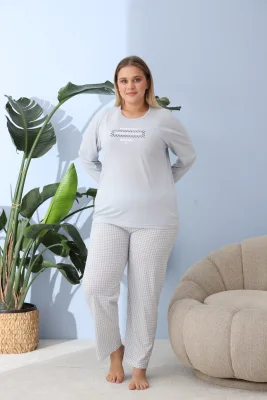Pijama Dama ,Big Size ,'LEAVE A LITTLE" cu Pantloni si Maneca lunga, Culoare Bleu,Engros
