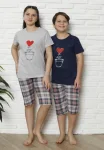 Pijama Copii cu maneca scurta si pantalon 3/4, culoare Gri si Bleumarin ,Engros