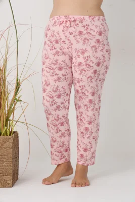 Pantaloni de Pijama Dama Lungi,Big Size,Culoare Roz cu Trandafir Rosu, Engros