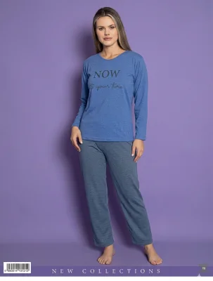 Pijamle, dama cu maneca lunga, ,albastra imprimeu negru ,Engros