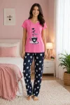Pijama damă Serena cu mânecă scurtă și pantaloni lungi, roz, imprimeu Cafea, Engros