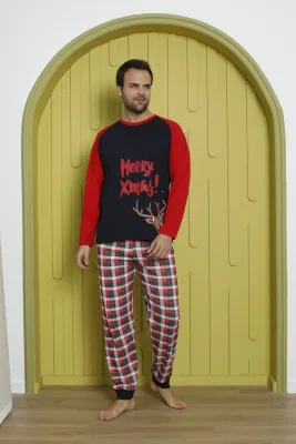 Pijama barbati Craciun "Meryy Xmas" maneca lunga ,pantaloni lungi,Culoare Rosu, Engros