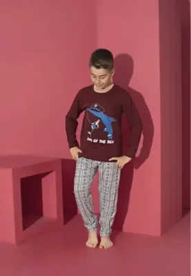 Pijama Băieți cu Mânecă Lungă și Pantaloni Lungi, Imprimeu King Of The Sea,Culoare Bordo,Engros