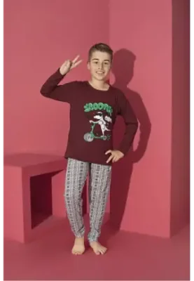 Pijama Băieți cu Mânecă Lungă și Pantaloni Lungi, Imprimeu Scooter,Culoare Bordo,Engros
