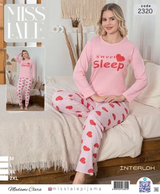 Pijama dama din interlok,Culoare Roz ,Imprimeu inimi,En-gros