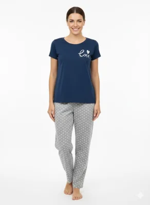 Pijama dama ,cu maneca scurta si pantalon lung ,culoare bleumarin,Engros