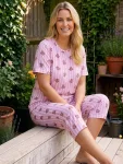 Pijama dama Big Size Serena cu maneca scurta si pantaloni 3/4,culoare roz cu ursuleti,Engros