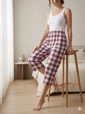 Pantaloni pijama 3/4 dama ,culoare alb si bordo  ,Engros