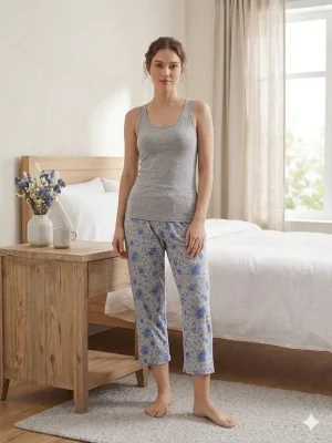 Pantaloni pijama 3/4 dama ,culoare gri cu mov ,Engros