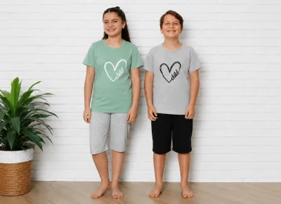 Pijama Copii cu maneca scurta si pantalon 3/4, culoare Gri si Verde menta ,Engros