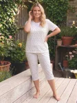 Pijama dama Big Size Serena cu maneca scurta si pantaloni 3/4,culoare alb cu floricele,Engros