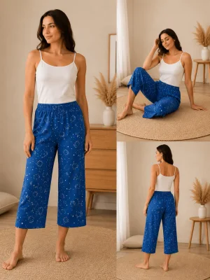 Pantaloni pijama 3/4 dama ,culoare albastru ,Engros