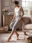 Pantaloni pijama 3/4 dama ,culoare gri cu roz ,Engros