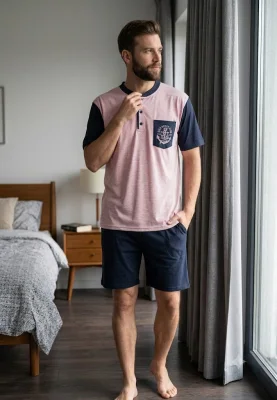 Pijama bărbați din bumbac, mânecă scurtă și pantaloni scurti- culoare roz,Engros