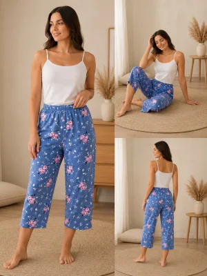 Pantaloni pijama 3/4 dama ,culoare albastru cu roz ,Engros