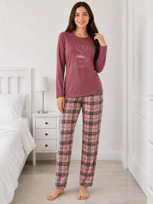 Pijama de damă cu bluză cu maneca lunga și pantaloni lung -Visiniu,Engros