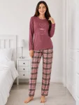 Pijama de damă cu bluză cu maneca lunga și pantaloni lung -Visiniu,Engros