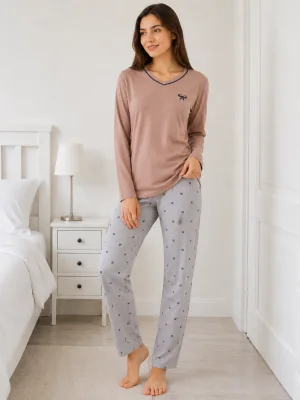 Pijama de damă cu bluză cu maneca lunga și pantaloni lung -Crem ,Engros