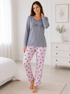 Pijama de damă cu bluză cu maneca lunga și pantaloni lung -Gri ,Engros