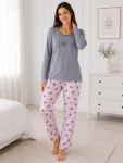 Pijama de damă cu bluză cu maneca lunga și pantaloni lung -Gri ,Engros