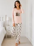 Pijama de damă cu bluză cu maneca lunga și pantaloni lung -roz pudra ,Engros
