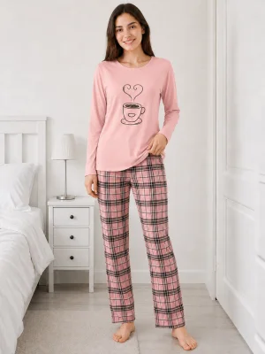 Pijama de damă cu bluză cu maneca lunga și pantaloni lung -Roz,Engros