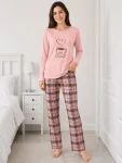 Pijama de damă cu bluză cu maneca lunga și pantaloni lung -Roz,Engros