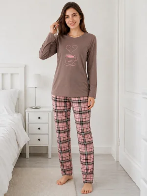 Pijama de damă cu bluză cu maneca lunga și pantaloni lung -Maro ,Engros