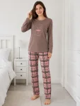 Pijama de damă cu bluză cu maneca lunga și pantaloni lung -Maro ,Engros