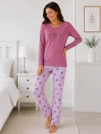 Pijama de damă cu bluză cu maneca lunga și pantaloni lung -Mov ,Engros