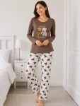 Pijama de damă cu bluză cu maneca lunga și pantaloni lung -Maro ,Engros