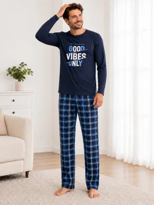Pijama barbati Serena cu maneca lunga si pantalon lung- Bleumarin,Engros