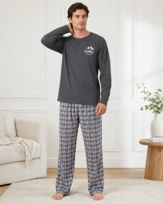 Pijama barbat Serena cu maneca lunga si pantalon lung-Gri, Engros