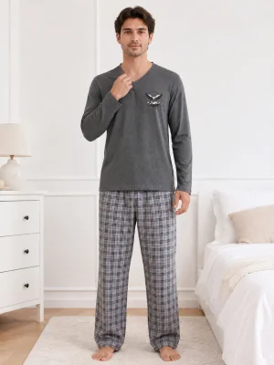Pijama barbati Serena cu maneca lunga si pantalon lung-Gri ,Engros