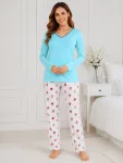 Pijama de damă cu bluză cu maneca lunga și pantaloni -Bleu ,Engros