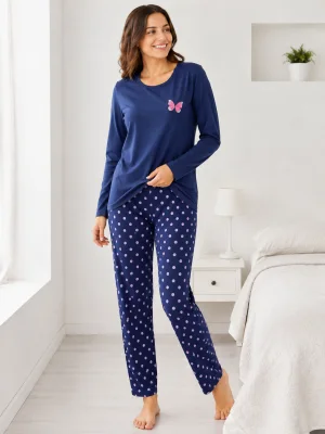 Pijama de damă cu bluză cu maneca lunga și pantaloni -Bleumarin,Engros