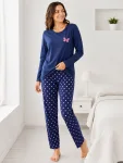 Pijama de damă cu bluză cu maneca lunga și pantaloni -Bleumarin,Engros