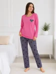 Pijama de damă cu bluză cu maneca lunga și pantaloni - Roz ,Engros