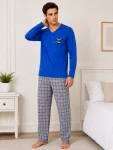 Pijama barbati Serena cu maneca lunga si pantalon lung-Albastru ,Engros