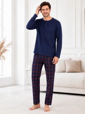 Pijama barbati Serena cu maneca lunga si pantalon lung-Bleumarin,Engros