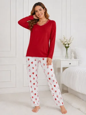 Pijama de damă cu bluză cu maneca lunga și pantaloni -Rosu ,Engros