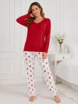 Pijama de damă cu bluză cu maneca lunga și pantaloni -Rosu ,Engros