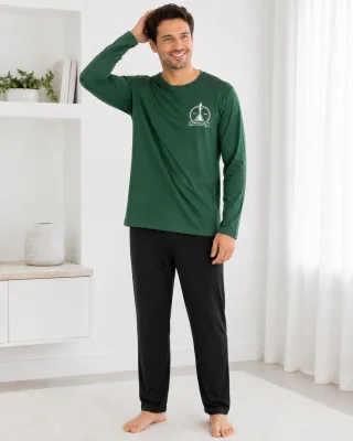 Pijama barbati Serena cu maneca lunga si pantalon lung-Verde,Engros