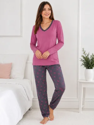 Pijama de damă cu bluză cu maneca lunga și pantaloni -Roz inchis,Engros