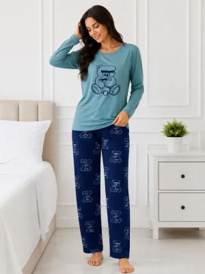 Pijama de damă cu bluză cu maneca lunga și pantaloni-Turcoaz,Engros